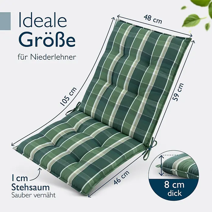 Beautissu Sitzauflage Sun-NL - Niederlehner, 1 Stk., Polyester, grün-Kariert - Grün kariertes Stuhlkissen für Niederlehner, 105x48cm, 8cm dick, mit 1cm Stehsaum und Bändern.