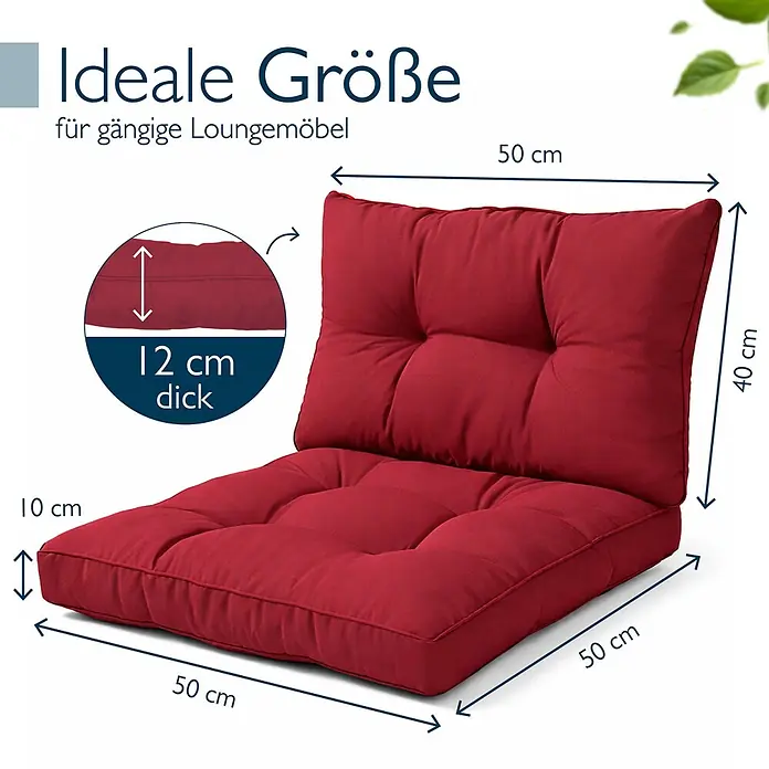 Beautissu Sitzauflage XLuna - Outdoor Lounge, 2 Stk., Polyester, Rot - Rotes Lounge-Kissen-Set (Sitz 50x50 cm, Rücken 50x40 cm), 12 cm dick, ideal für Loungemöbel.