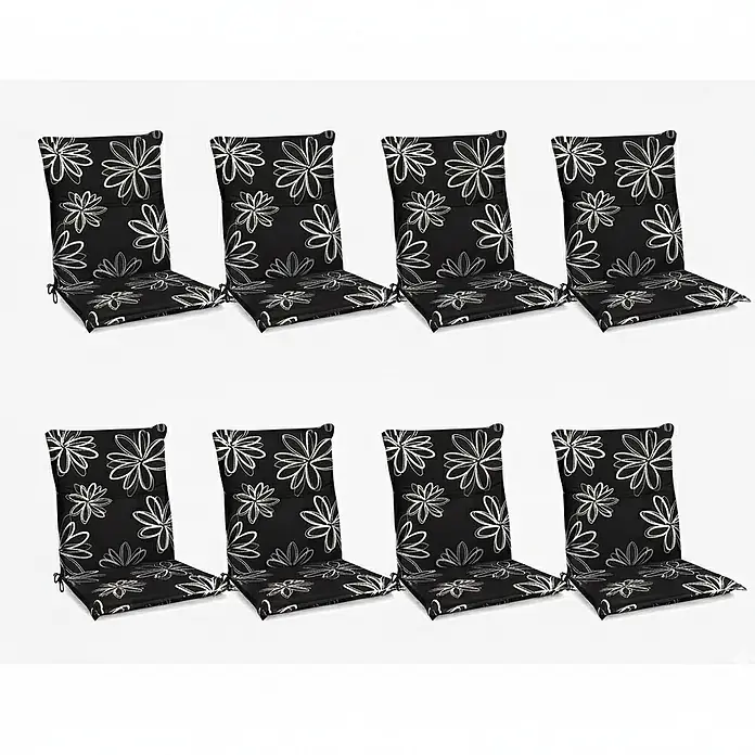 Beautissu Sitzauflage Sunny NL - Niederlehner, 8 Stk., Polyester, Mehrfarbig - Schwarze Stuhlkissen mit weißem Blumenmuster, 8er-Set.