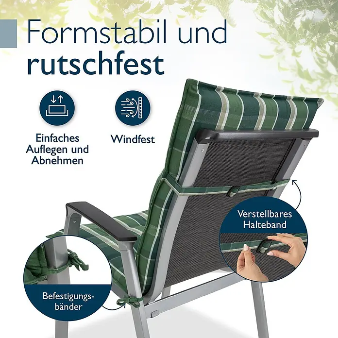 Beautissu Sitzauflage Sun-NL - Niederlehner, 1 Stk., Polyester, grün-Kariert - Grün-gestreiftes Gartenstuhl-Kissen mit Befestigungsbändern und verstellbarem Halteband.