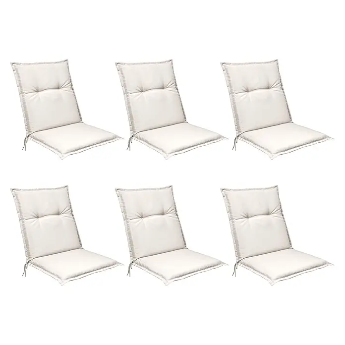 Beautissu Sitzauflage Base NL - Niederlehner, 6 Stk., L x B x H: 100 x 50 x 6 cm, Polyester, Natur - Sechs cremefarbene Outdoor-Stuhlkissen mit getufteten Rückenlehnen und Bändern.