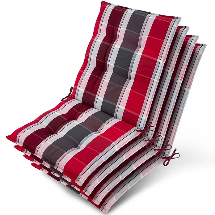 Beautissu Sitzauflage Sun-NL - Niederlehner, 4 Stk., L x B x H: 100 x 50 x 8 cm, Polyester, Rot-Anthrazit gestreift - Stapel rot, bordeaux, grau und weiß karierter, getufteter Stuhlkissen mit Bindebändern.