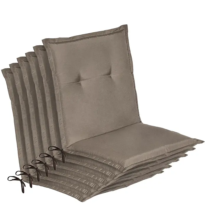 Beautissu Sitzauflage Loft Nl - Niederlehner, 6 Stk., L x B x H: 0 x 0 x 0 cm, Polyester, Taupe - Stapel hellbrauner Outdoor-Stuhlkissen mit Bändern.