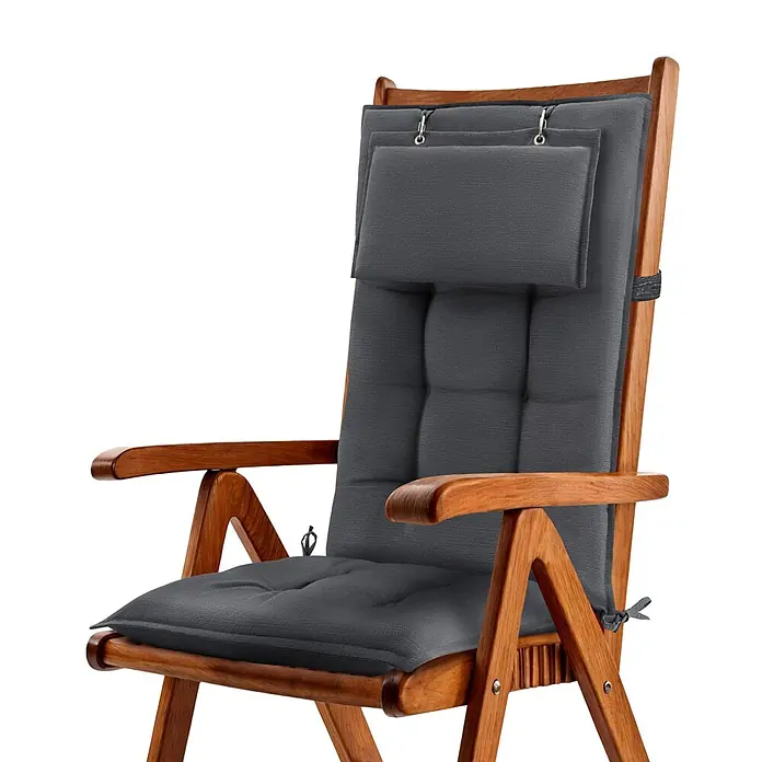 Beautissu Sitzauflage Sun-HL - Hochlehner, 1 Stk., Polyester, Anthrazit-uni - Holzstuhl mit dunkelgrauen Polstern und abnehmbarem Kopfkissen.