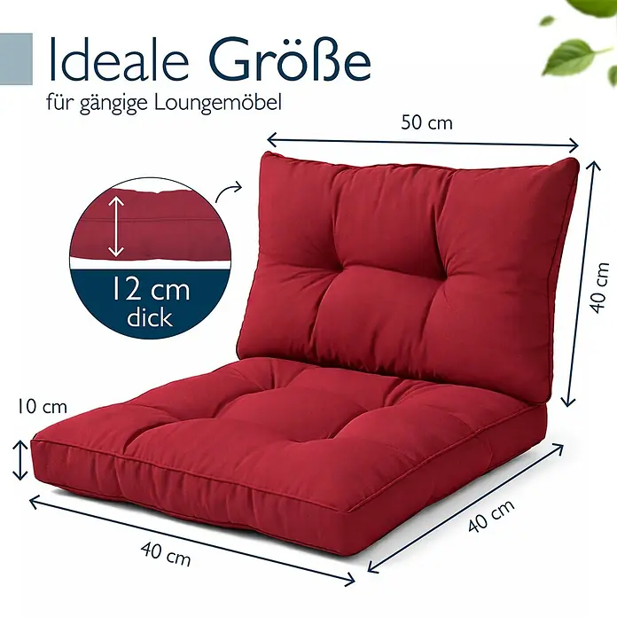 Beautissu Sitzauflage XLuna - Outdoor Lounge, 2 Stk., L x B x H: 50 x 40 x 22 cm, Polyester, Rot - Rotes zweiteiliges Loungesitzkissen. Maße: Sitz 40x40x10 cm, Rückenlehne 50x40x12 cm.