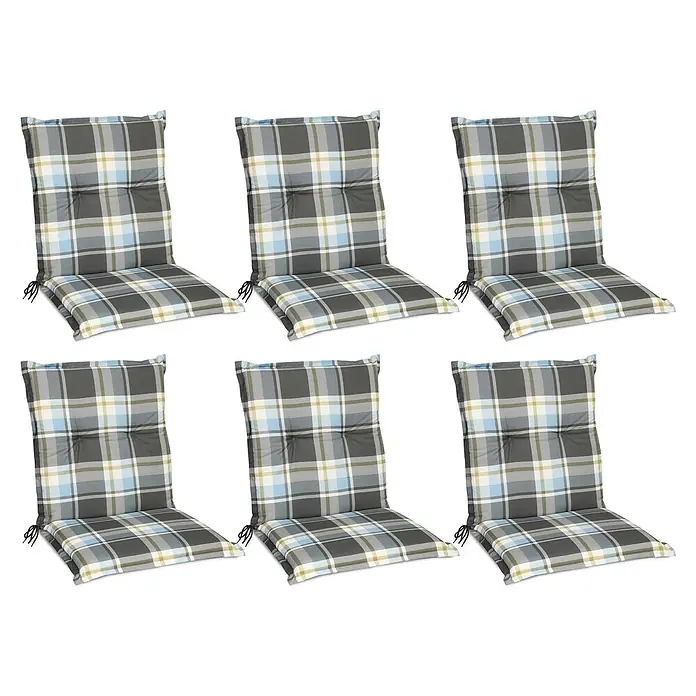 Beautissu Sitzauflage Sunny NL - Niederlehner, 6 Stk., L x B x H: 100 x 50 x 6 cm, Polyester, Blau - Set aus 6 karierten Stuhlkissen in Grau, Blau, Beige mit Steppung und Bindebändern.