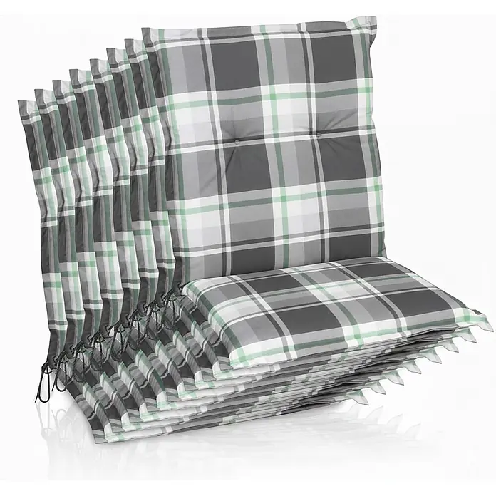 Beautissu Sitzauflage Sunny NL - Niederlehner, 8 Stk., Polyester, Mintgrün - Stapel karierter Stuhlkissen in Grau, Weiß und Grün mit Bändern.