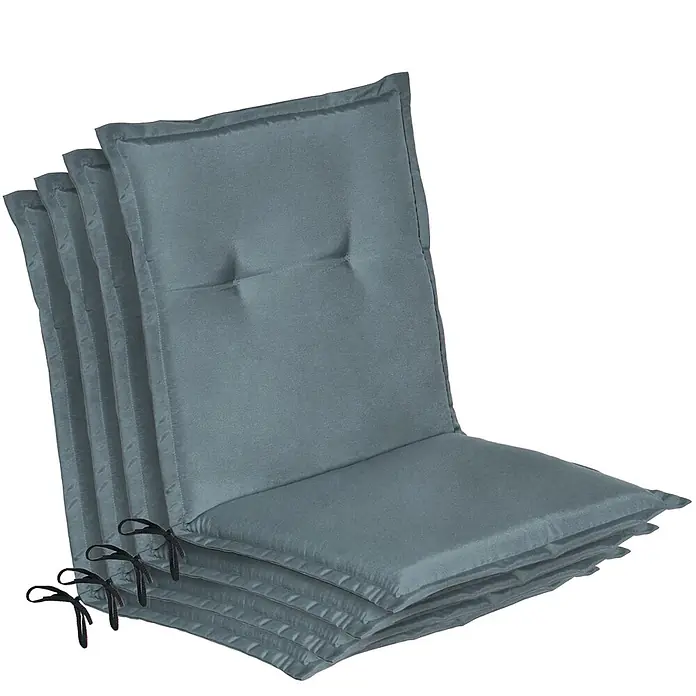 Beautissu Sitzauflage Loft Nl - Niederlehner, 4 Stk., L x B x H: 0 x 0 x 0 cm, Polyester, Taubenblau - Stapel von vier petrolblauen Outdoor-Stuhlkissen mit schwarzen Bindebändern.