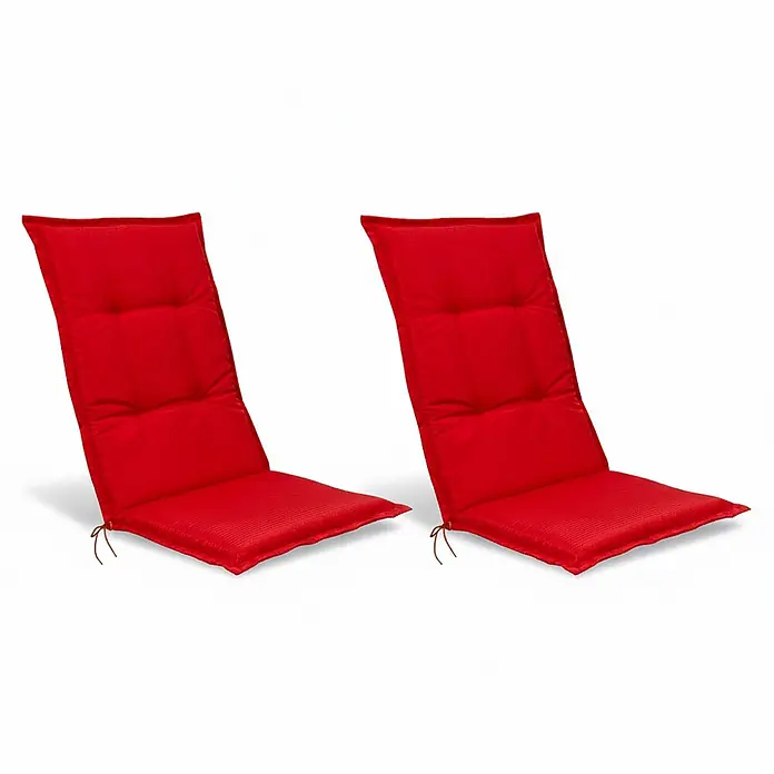 Beautissu Sitzauflage Base HL - Hochlehner, 2 Stk., L x B x H: 120 x 50 x 6 cm, Polyester, Rot - Zwei leuchtend rote, gesteppte Outdoor-Stuhlkissen mit Bändern.
