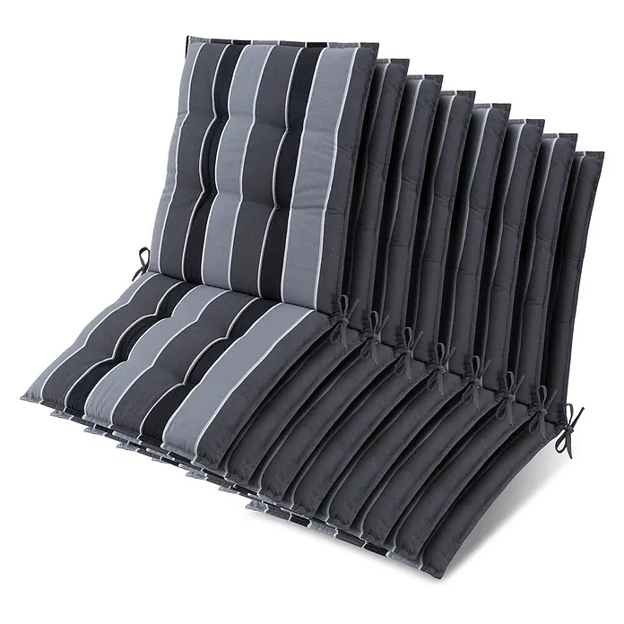 Beautissu Sitzauflage Sun-NL - Niederlehner, 8 Stk., Polyester, anthrazit-gestreift - Mehrere gestreifte grau-weiße Stuhlkissen mit Bändern.