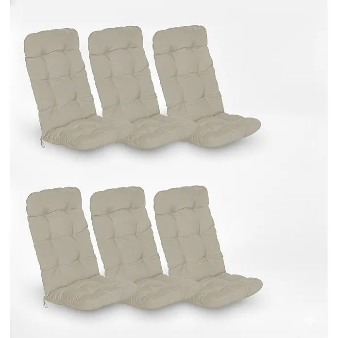 Beautissu Sitzauflage Flair HL - Hochlehner, 6 Stk., L x B x H: 120 x 50 x 8 cm, Polyester, Natur - Sechs beige, gesteppte Stuhlkissen.