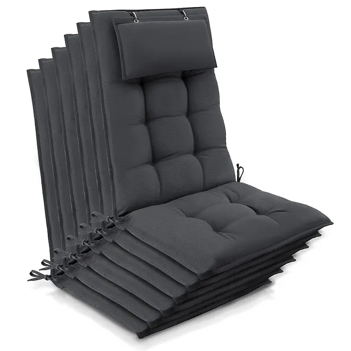 Beautissu Sitzauflage Sun-HL - Hochlehner, 6 Stk., L x B x H: 120 x 50 x 8 cm, Polyester, anthrazit-uni - Stapel dunkelgrauer, gesteppter Stuhlkissen mit Bändern, ein Kissen entfaltet mit befestigtem Kopfpolster.
