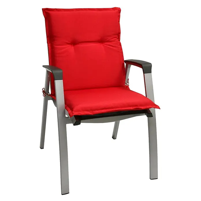 Beautissu Sitzauflage Base NL - Niederlehner, 1 Stk., Polyester, Rot - Roter gepolsterter Gartenstuhl mit silbernem Aluminiumrahmen und schwarzen Armlehnen.