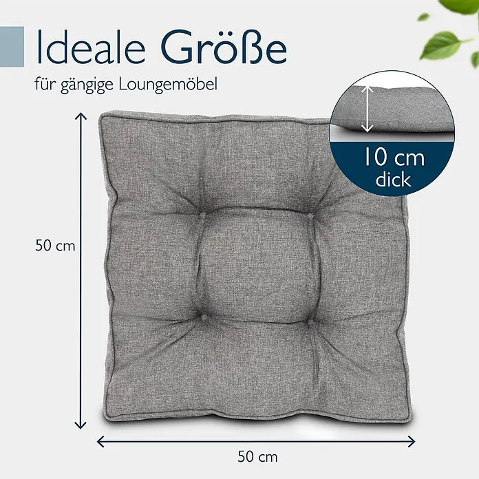 Beautissu Sitzauflage Beauflair - Outdoor Lounge, 1 Stk., Polyester, Hellgrau - Graues, getuftetes Loungekissen, 50x50x10 cm dick, ideal für Loungemöbel.