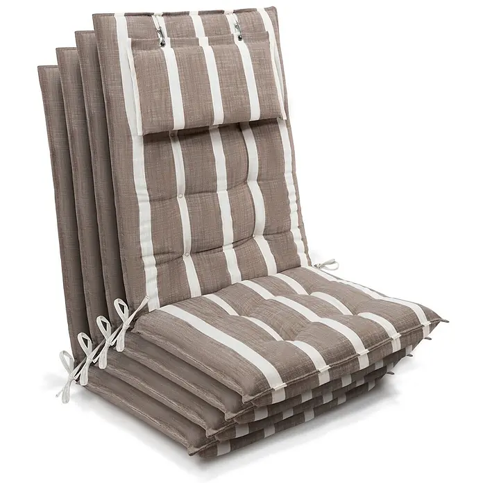 Beautissu Sitzauflage Sun-HL - Hochlehner, 4 Stk., Polyester, Natur-Weiß gestreift - Gefaltete braun-weiß gestreifte Stuhlkissen mit Bändern und Metallringen, ideal für Gartenmöbel.