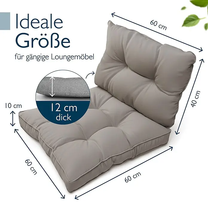 Beautissu Sitzauflage Flair Outdoor - Outdoor Lounge, 2 Stk., Polyester, hellgrau - Graues, getuftetes zweiteiliges Kissen-Set für gängige Loungemöbel. Maße: 60x60x10 cm (Sitz), 60x40x12 cm (Rücken).