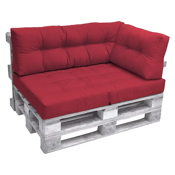Beautissu Sitzauflage ECO Elements - Europalette, 1 Stk., Polyester, Rot - Weißes Paletten-Ecksofa mit tiefroten gesteppten Sitz- und Rückenpolstern.