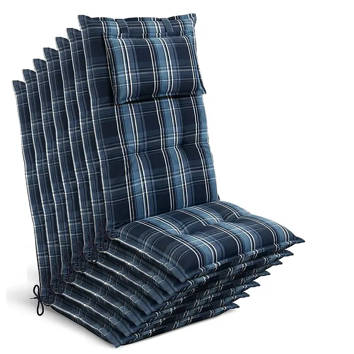 Beautissu Sitzauflage Highlux HL - Hochlehner, 7 Stk., L x B x H: 120 x 52 x 7 cm, Polyester, Blau-Weiß-Kariert - Stapel blauer karierter Outdoor-Stuhlkissen mit Bindebändern.