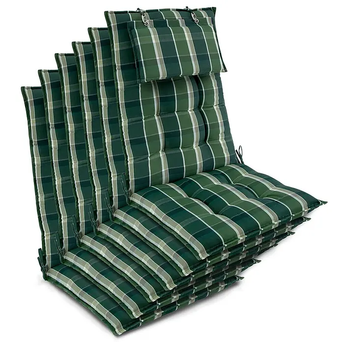 Beautissu Sitzauflage Sun-HL - Hochlehner, 6 Stk., Polyester, grün-Kariert - Stapel grüner karierter Outdoor-Stuhlkissen mit Befestigungsschlaufen, faltbares Design.