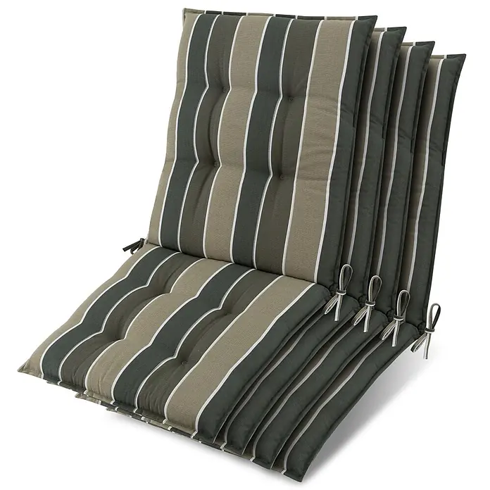 Beautissu Sitzauflage Sun-NL - Niederlehner, 4 Stk., Polyester, grün-gestreift - Set aus vier gestreiften Outdoor-Stuhlkissen in Grün, Beige und Weiß, mit Knöpfen und Bändern, gestapelt.