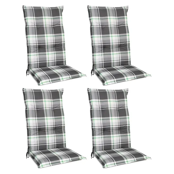 Beautissu Sitzauflage Sunny HL - Hochlehner, 4 Stk., Polyester, Mintgrün - 4 karierte Stuhlkissen in Grau, Weiß und Grün mit Knopfheftung.