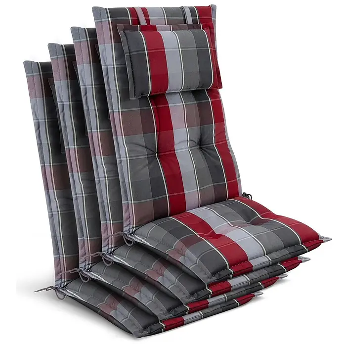 Beautissu Sitzauflage Highlux HL - Hochlehner, 4 Stk., L x B x H: 120 x 52 x 7 cm, Polyester, Grau-Rot-Hellblau-Kariert - Stapel rot, grau und schwarz karierter Polsterauflagen für Stühle mit Kopfstützen und Befestigungsbändern.