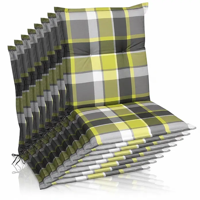Beautissu Sitzauflage Sunny NL - Niederlehner, 8 Stk., L x B x H: 100 x 50 x 6 cm, Polyester, Grün - Set von mehreren Stuhlkissen mit gelb-grau-weißem Karomuster und Befestigungsbändern.
