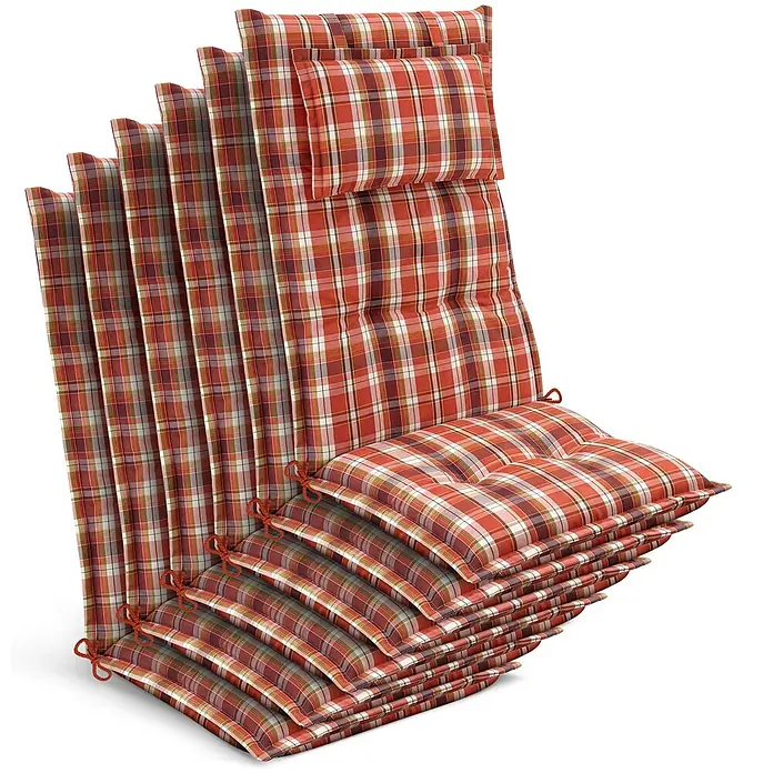 Beautissu Sitzauflage Highlux HL - Hochlehner, 6 Stk., Polyester, Orange-Rot-Grün-Kariert - Stapel karierter Gartenstuhlauflagen in Rot, Weiß und Braun mit Zierbändern.