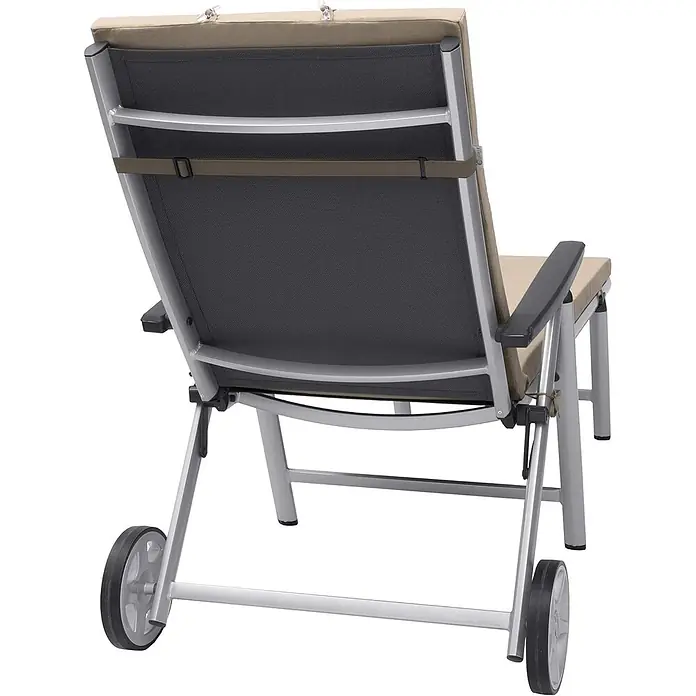 Beautissu Liegenauflage Loft RL - Rollliege, 2 Stk., Polyester, Natur - Sonnenliege mit silbernem Gestell, dunkelgrauem Netzstoff, beigen Auflagen und Rollen.