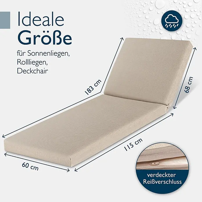 Beautissu Liegenauflage QD-RL - Rollliege, 1 Stk., L x B x H: 190 x 60 x 5 cm, Polyester, Beige - Beiges Liegenkissen (183x60cm) für Sonnen-, Roll- und Deckchairs, wasserabweisend mit verdecktem Reißverschluss.