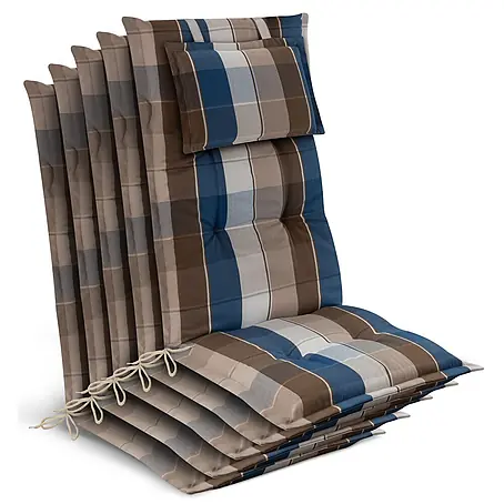 5x Gartenstuhlauflage Hochlehner 120x50x7cm, Braun-Blau-Kariert
