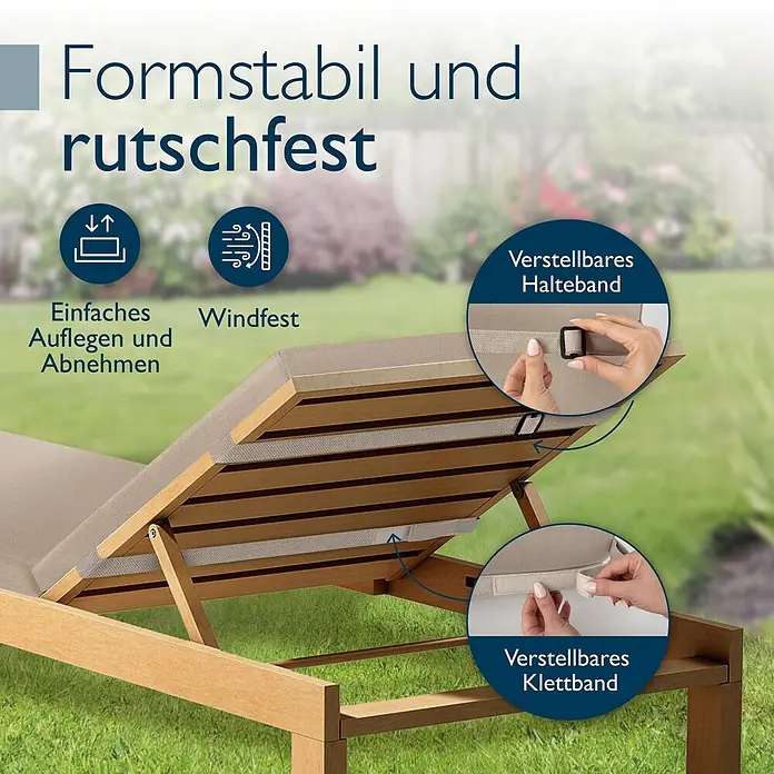 Beautissu Liegenauflage QD-RL - Rollliege, 1 Stk., L x B x H: 190 x 60 x 5 cm, Polyester, Beige - Hölzerne Gartenliege mit beigem Kissen, ausgestattet mit verstellbaren Gurten und Klettverschlüssen für Stabilität.
