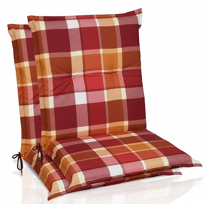 Beautissu Sitzauflage Sunny NL - Niederlehner, 2 Stk., Polyester, Rot - Zwei rot, orange und weiß karierte Stuhlkissen mit Knöpfen und Bändern.