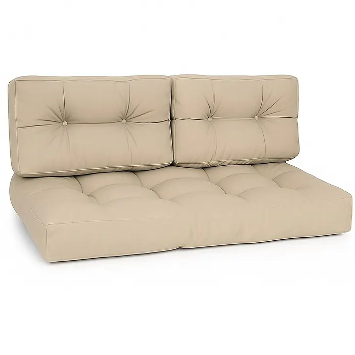 Beautissu Sitzauflage Eco Style - Europalette, 2 Stk., Polyester, Beige - Hellbeiges Stoff-Zweisitzer-Kissen-Set mit Knopfheftung für Modulsofas.
