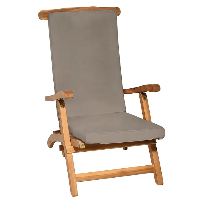 Beautissu Liegenauflage LoftLux DC - Deckchair, 1 Stk., Polyester, Taupe - Holz-Liegestuhl mit grauem Kissen.