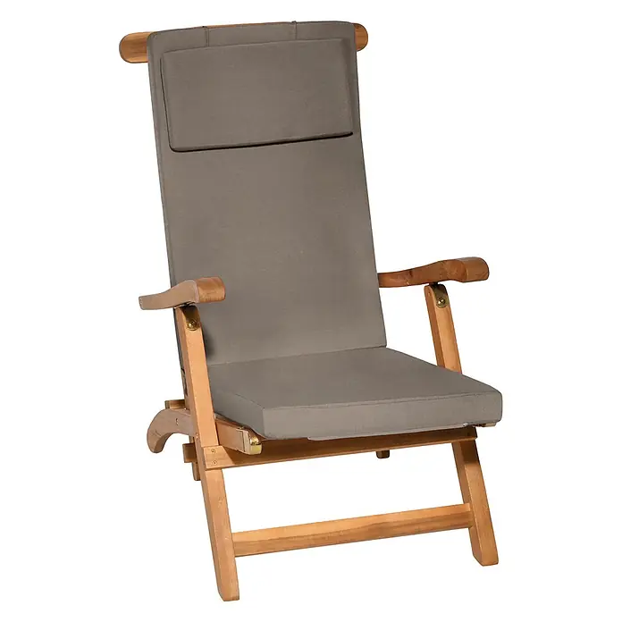 Beautissu Liegenauflage LoftLux DC - Deckchair, 1 Stk., Polyester, Taupe - Klappbarer Holzliegestuhl mit grauen Stoffpolstern.
