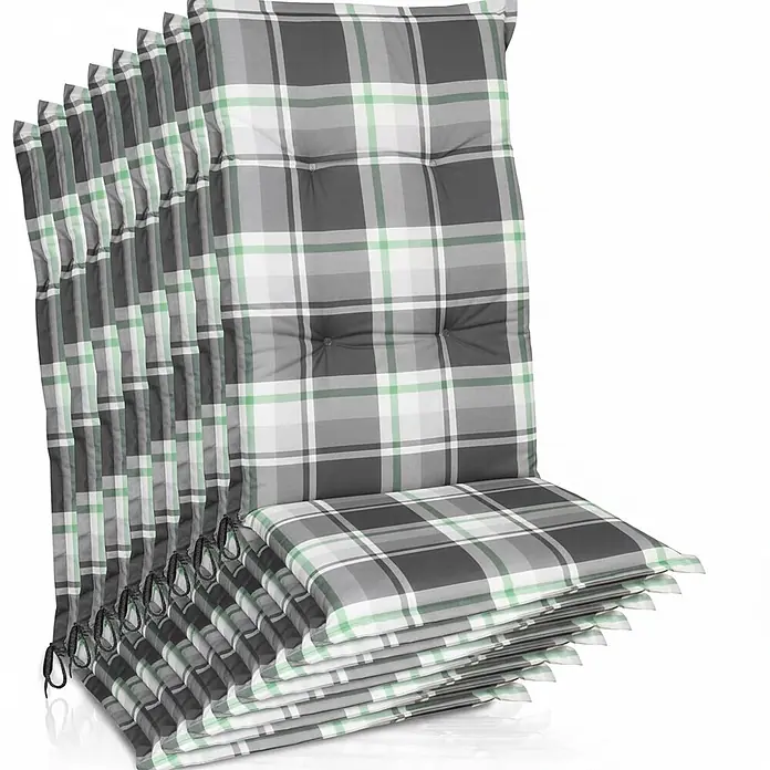 Beautissu Sitzauflage Sunny HL - Hochlehner, 8 Stk., L x B x H: 120 x 50 x 6 cm, Polyester, Mintgrün - Set karierter Stuhlkissen in Grau, Weiß und Grün, mit Steppdetails und Bindebändern.