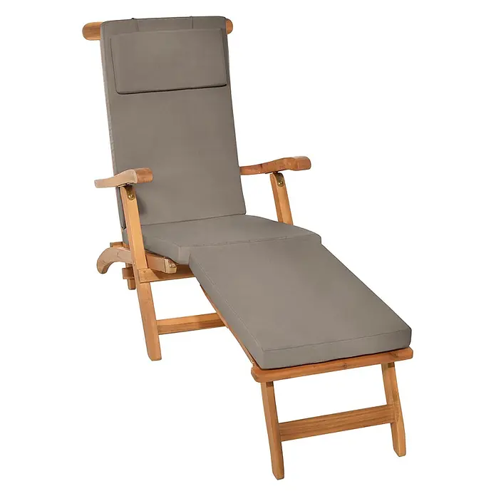 Beautissu Liegenauflage LoftLux DC - Deckchair, 1 Stk., Polyester, Taupe - Verstellbare Gartenliege aus Holz mit weichen grauen Kissen und ausziehbarer Fußstütze.