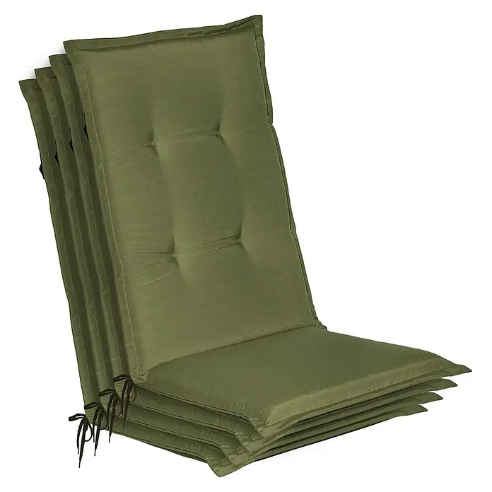 Beautissu Sitzauflage Loft HL - Hochlehner, 4 Stk., L x B x H: 0 x 0 x 0 cm, Polyester, Olivgrün - Gestapelte olivgrüne Gartenstuhlauflagen mit gesteppten Rückenlehnen und Bindebändern.