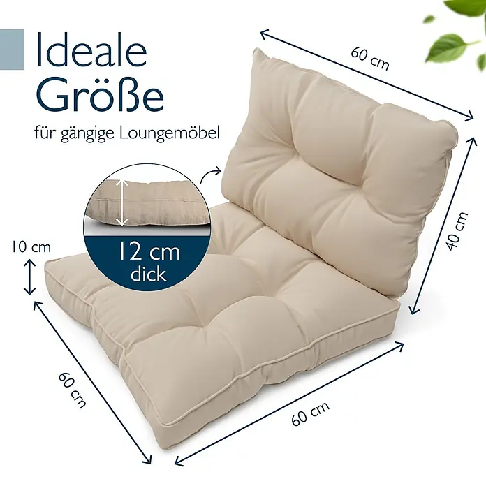 Beautissu Sitzauflage Flair Outdoor - Outdoor Lounge, 2 Stk., L x B x H: 60 x 60 x 22 cm, Polyester, Natur - Beigefarbenes zweiteiliges Loungekissen-Set (Sitzkissen 60x60 cm, 12 cm dick; Rückenkissen 60x40 cm, 10 cm dick). Ideal für gängige Loungemöbel.