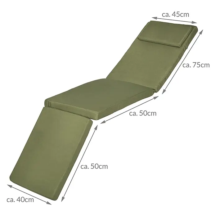 Beautissu Liegenauflage LoftLux DC - Deckchair, 2 Stk., Polyester, Olivgrün - Olivgrünes, dreiteiliges Gartenliegekissen-Set mit Kopfstütze, Maße sichtbar.