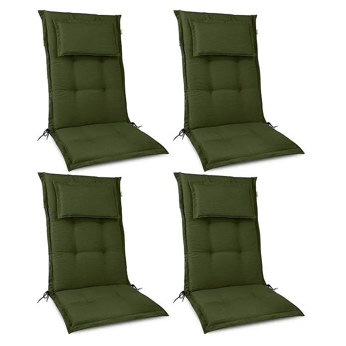 Beautissu Sitzauflage HighLux HL - Hochlehner, 4 Stk., Polyester, Dunkelgrün - Set aus vier dunkelgrünen, strukturierten Stuhlkissen mit integrierten Kopfstützen, Knopfheftung und Befestigungsbändern.