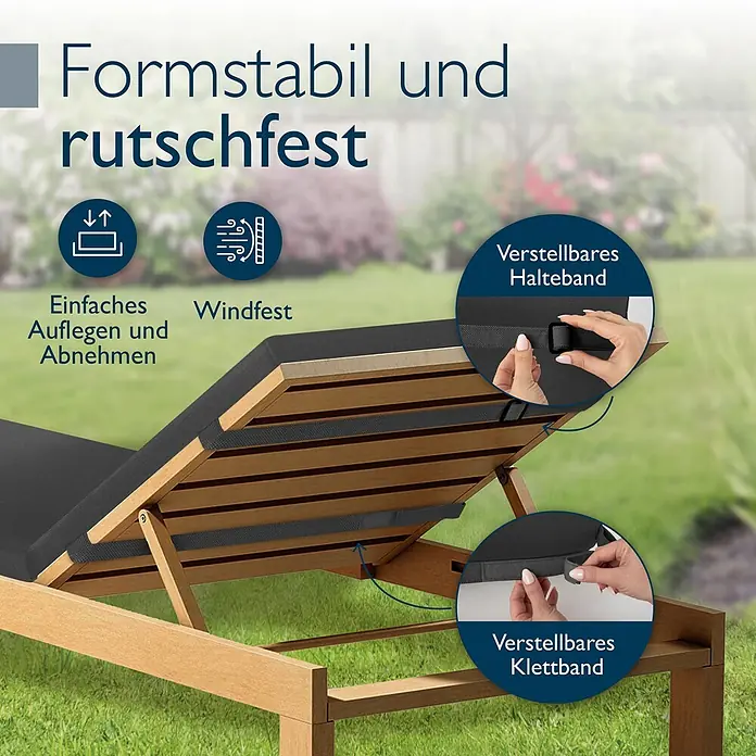 Beautissu Liegenauflage QD-RL - Rollliege, 2 Stk., L x B x H: 190 x 60 x 5 cm, Polyester, Anthrazit - Dunkelgraue Sonnenliegenauflage mit verstellbaren Haltebändern und Klettverschlüssen für Stabilität und einfache Handhabung auf einer Holzliege.