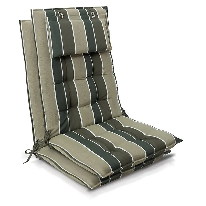 Beautissu Sitzauflage Sun-HL - Hochlehner, 2 Stk., Polyester, grün-gestreift - Gestreiftes Gartenstuhl-Kissen in Grün, Beige und Weiß, mit Bändern und Metallklammern.