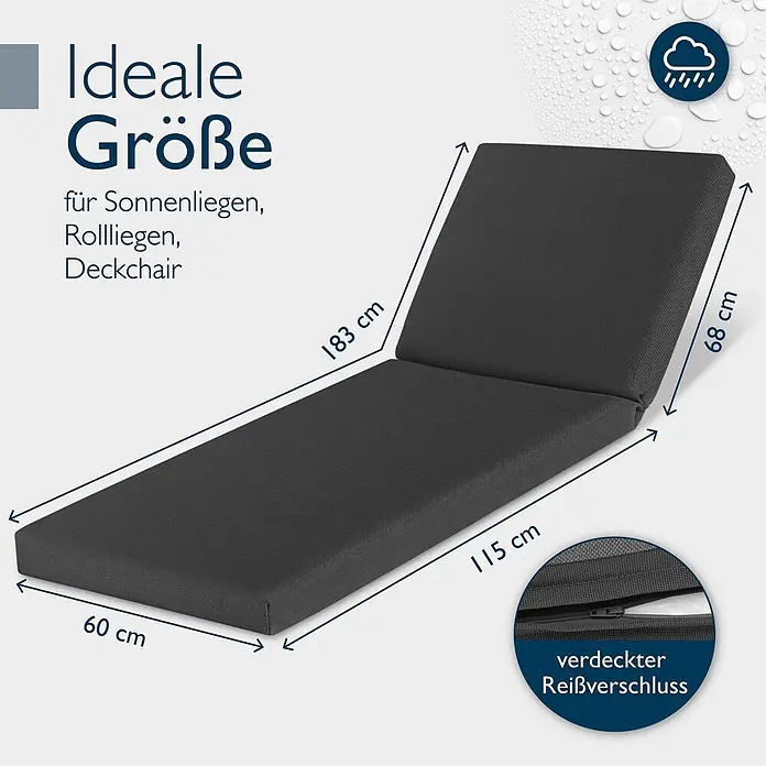 Beautissu Liegenauflage QD-RL - Rollliege, 2 Stk., L x B x H: 190 x 60 x 5 cm, Polyester, Anthrazit - Dunkelgraue, zweiteilige Sonnenliegenauflage, 183x60 cm, mit verdecktem Reißverschluss. Ideal für Sonnen- und Rollliegen.