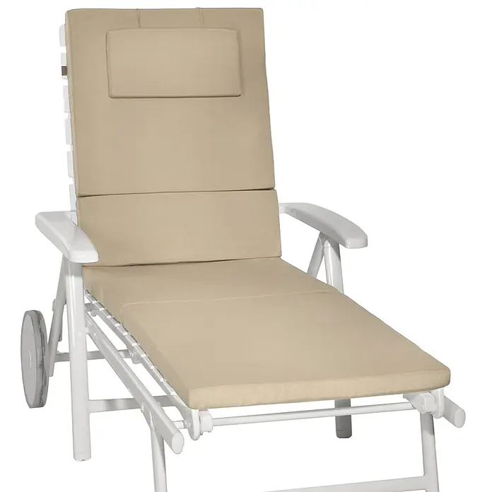 Beautissu Liegenauflage Loft RL - Rollliege, 1 Stk., Polyester, Natur - Weißer Gartenliegestuhl mit beigem Polster und Rollen für einfache Mobilität.