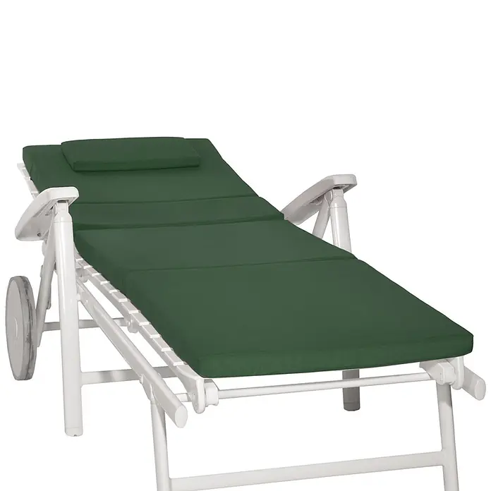 Beautissu Liegenauflage Loft RL - Rollliege, 1 Stk., Polyester, Dunkelgrün - Weißer Liegestuhl mit dunkelgrüner Polsterauflage und Rädern für einfache Bewegung.