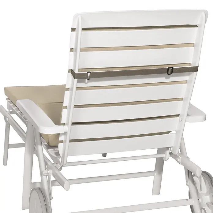 Beautissu Liegenauflage Loft RL - Rollliege, 1 Stk., Polyester, Natur - Weiße Sonnenliege mit beigem Kissen, Rollen und Rückenlehnenband.
