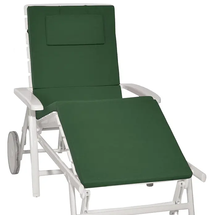 Beautissu Liegenauflage Loft RL - Rollliege, 1 Stk., Polyester, Dunkelgrün - Weiße Gartenliege mit dunkelgrünem Polster, verstellbarer Rückenlehne und Rollen.