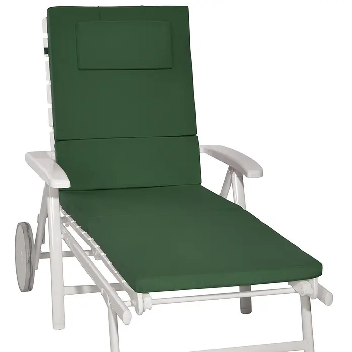 Beautissu Liegenauflage Loft RL - Rollliege, 1 Stk., Polyester, Dunkelgrün - Verstellbare weiße Kunststoff-Sonnenliege mit bequemer dunkelgrüner Auflage und Transporträdern.